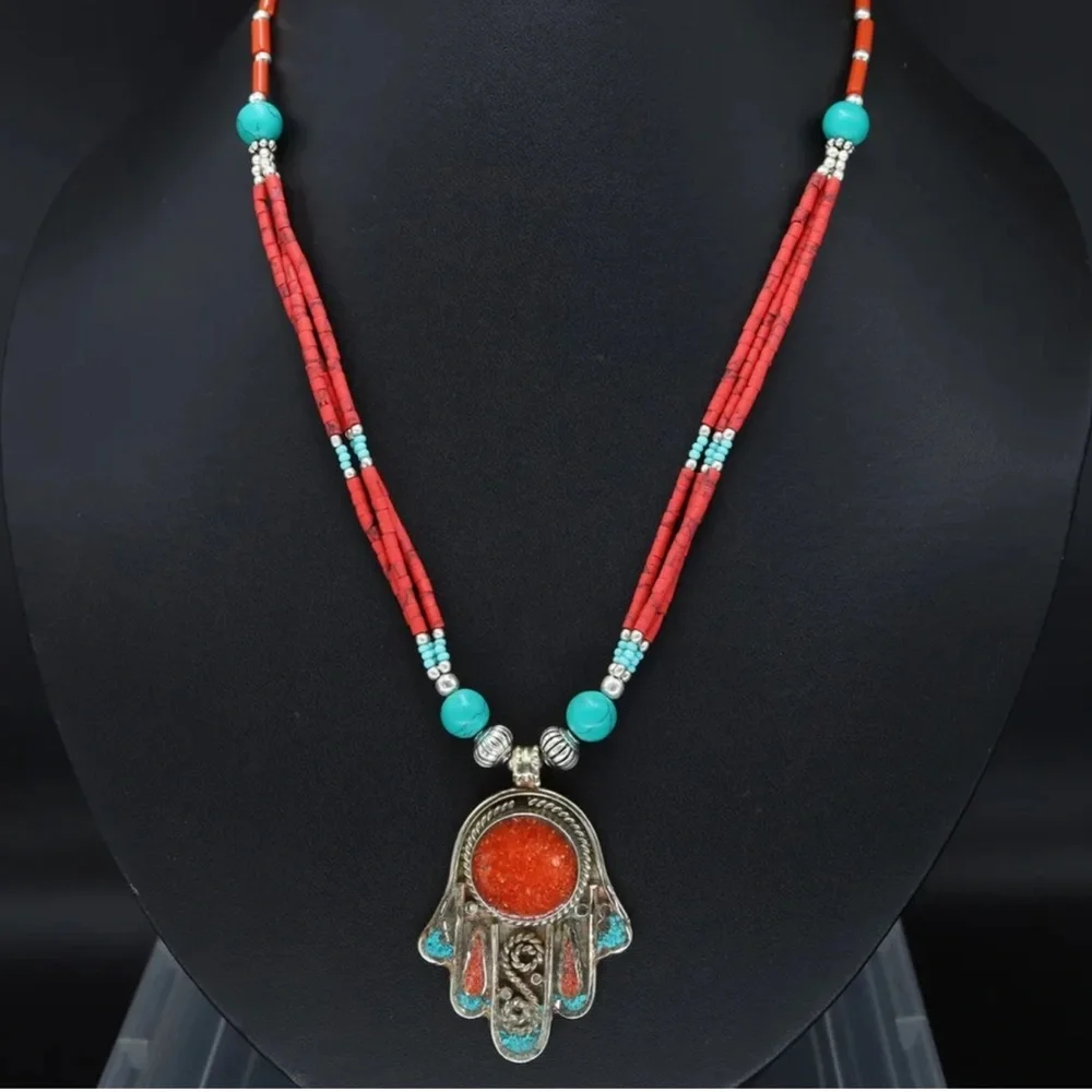 Tibetan silver turquoise and coral Nepali necklace
